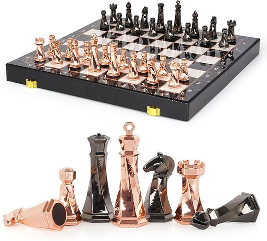 Metal Chess Set for Adults and Kids – 15" Wooden Chess Board with Modern Metal Chess Pieces Travel Chess Sets with Metal Chessmen – Collectible Elegant Chess Game – Family Vintage Board Game