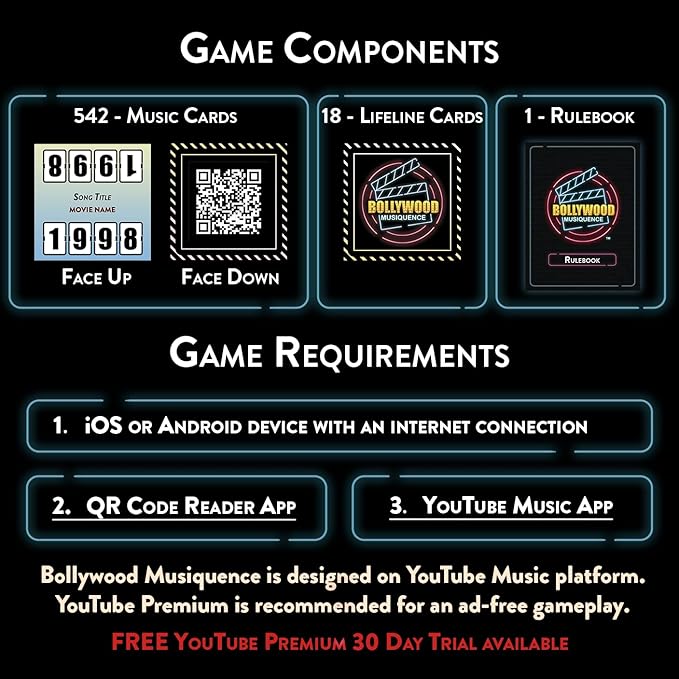 The Bollywood Music Party Card Game, Fun Hindi Music Filmi Trivia Card Game, 2-24 Players, 500 Plus Indian Music Hits Cards, Great for Desi Friends and Family Game Nights and Parties