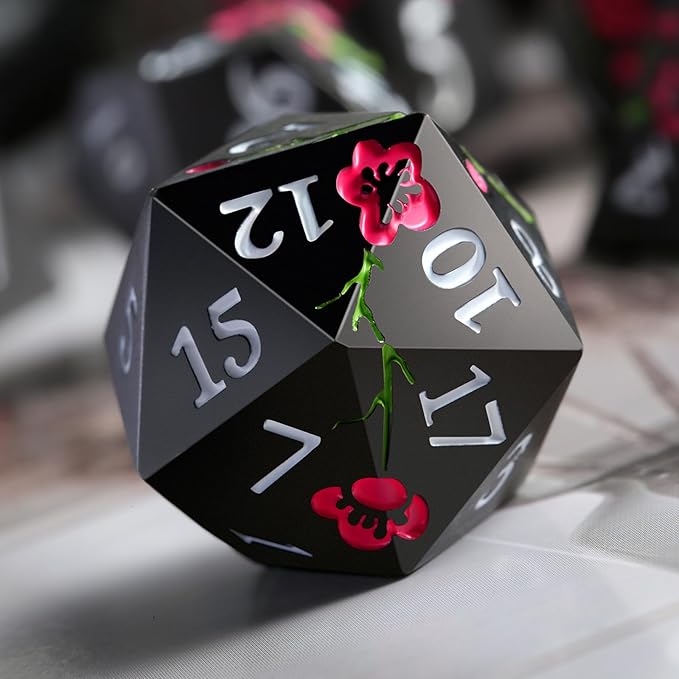 Metal Dice Set D&D, DNDND 7 PCS Flower Metallic DND Dice Set with Grogeous Gift Case for Dungeons and Dragon Tabletop Game (Matte Black with Pink Flower)