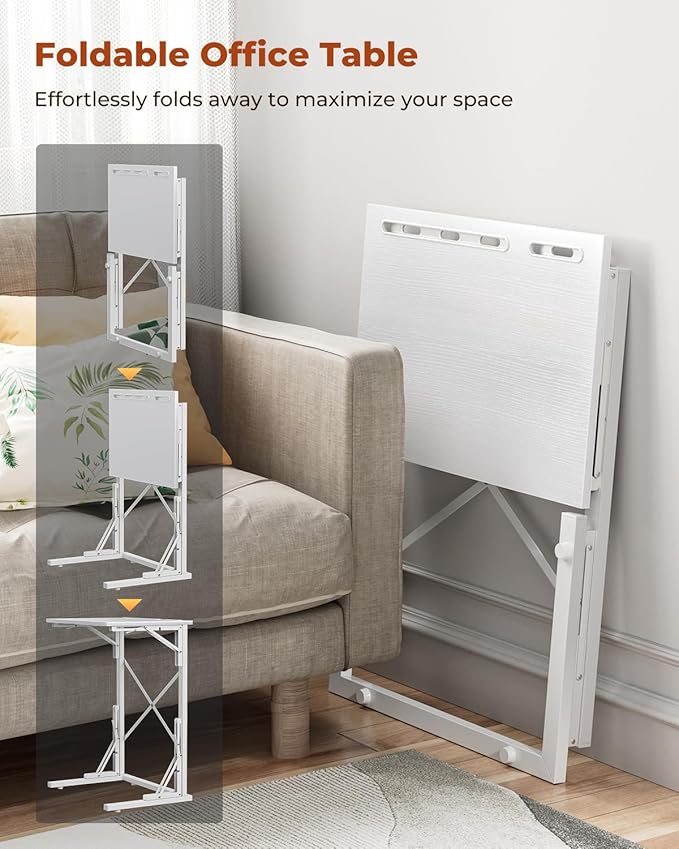 21''Wx28''H Folding TV Tray for Eating, Small Foldable C-Shaped Tray Table with Tablet and Phone Slots, Slide Under Couch Side Table for Recliner, Living Room, Bedroom, White