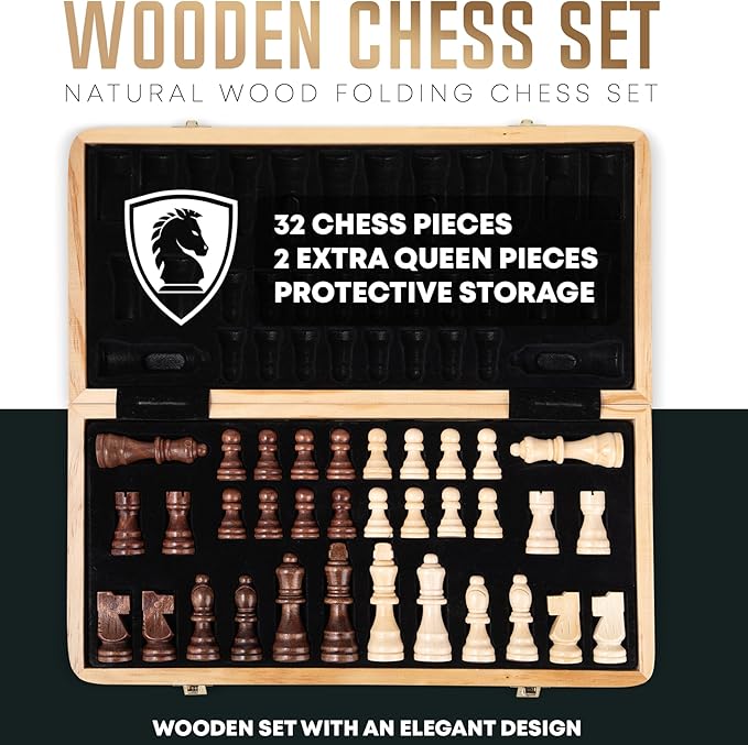 Chess Armory Wooden Chess Set 15 Inch - Classic Handcrafted Game Board for Adults and Kids with Extra Queen Pieces and Storage Box - Ideal for Home and Travel - Non-Magnetic