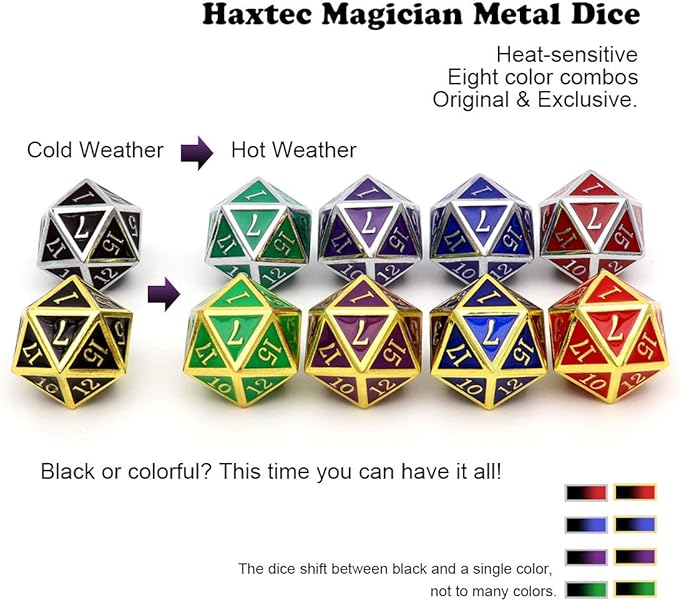 Haxtec Color Changing ByTemperature Metal DND Dice Set Polyhedral D&D Dice for RPG Dungeons and Dragons-Silver Black Purple Shift