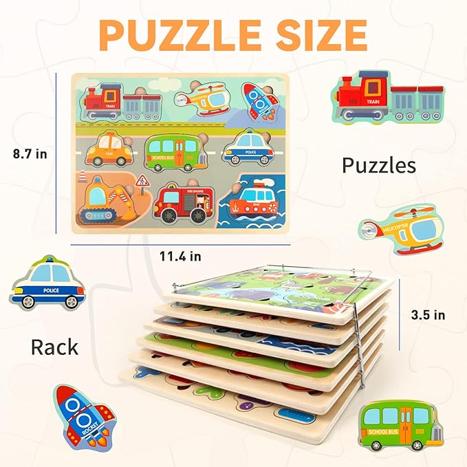 Wooden Puzzles for Toddlers with Storage Rack, WOOD CITY Toddler Puzzles Ages 3-6 for Kids, Learning Preschool Wood Puzzle for Boys and Girls-6 Pack Alphabet Number Shape Fruit Animal Vehicle