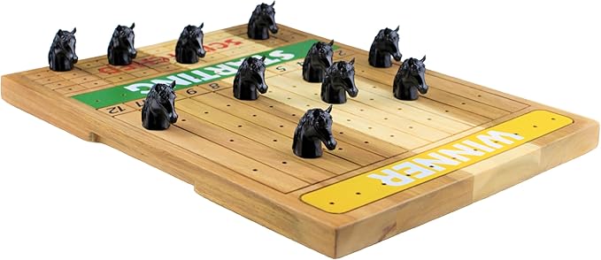 Metal Horse Race Board Game Set with Horse Racing Thick & Solid Wood Game Board, 11 Luxurious & Durable Classic Black Colored Metal Craft Horses, Dice and Cards for Horseracing (HR-652)