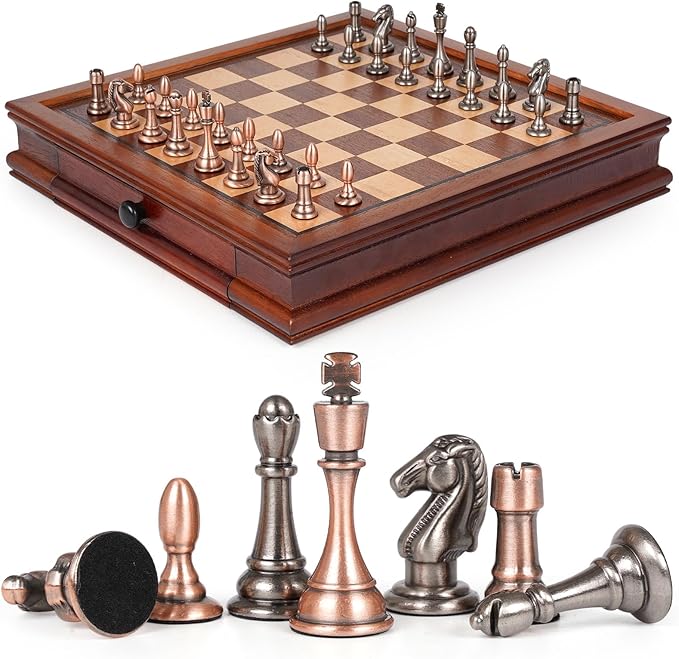 12.5-Inch Wooden Chess Set with Weighted Metal Chess Pieces, Storage Drawer Wooden Chess Board, Includes 2 Extra Queens – Premium Board Games Metal Chess Set for Adults and Chess Enthusiasts