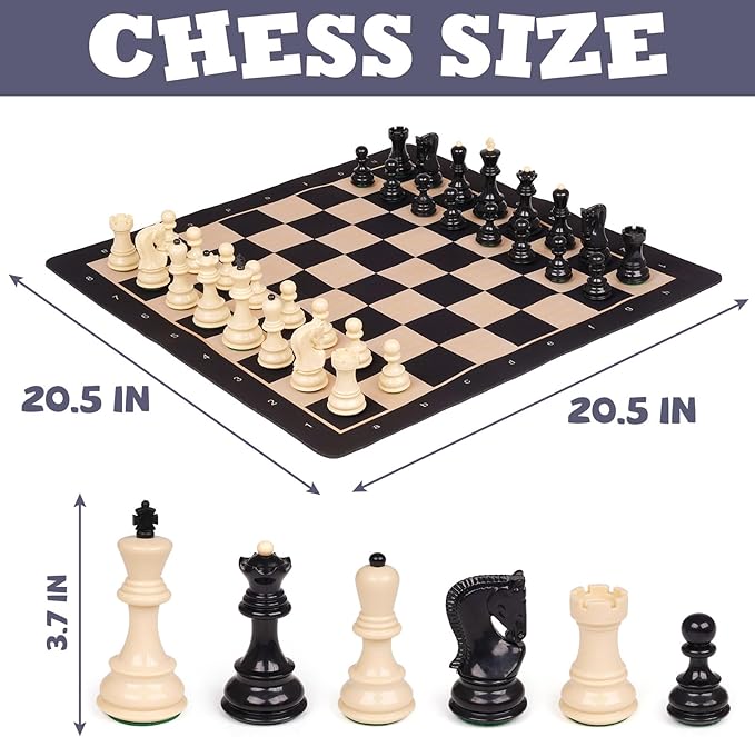 Agirlgle 20'' Tournament Chess Set for Adults and Kids Foldable Silicone Chess Board Game Chess Pieces 3.8'' King Height Portable Travel Chess Set Storage Bag for Outdoor Family Vintage Board Game