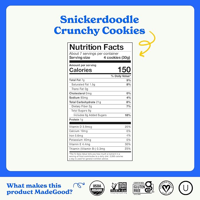 MadeGood Snickerdoodle Crunchy Cookies (6 Boxes, 7oz Each) Organic and Gluten Free Snacks