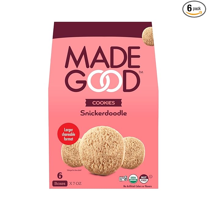 MadeGood Snickerdoodle Crunchy Cookies (6 Boxes, 7oz Each) Organic and Gluten Free Snacks