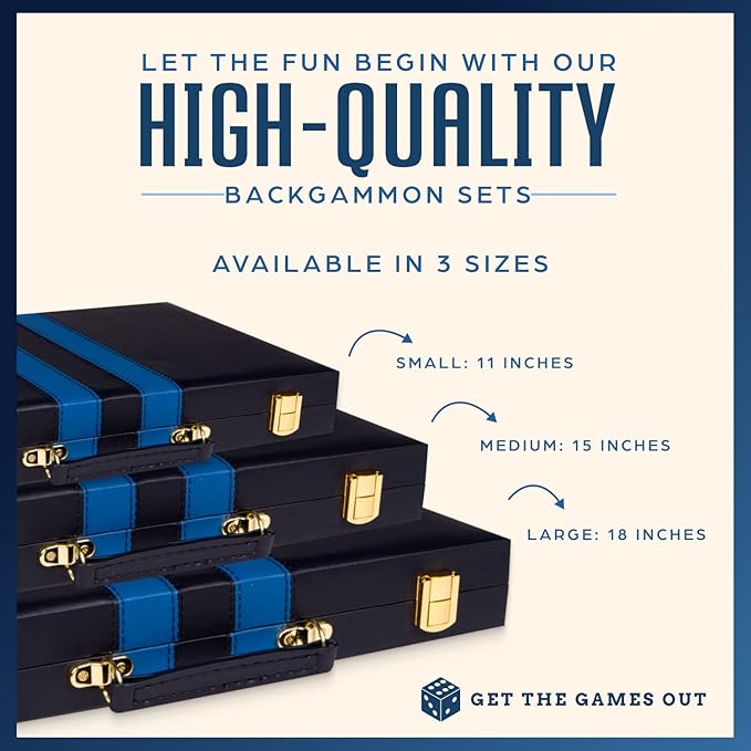 Get The Games Out Top Backgammon Set - Small Travel Size Classic Board Game Case - Best Strategy & Tip Guide (Blue, Small)