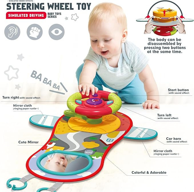 Happytime Travel Baby Toys, Interactive Dashboard Steering Wheel Pretend Play Driving Toy, Rear Car Seat Toys with Mirror 2-in-1 Baby Stroller Toy.