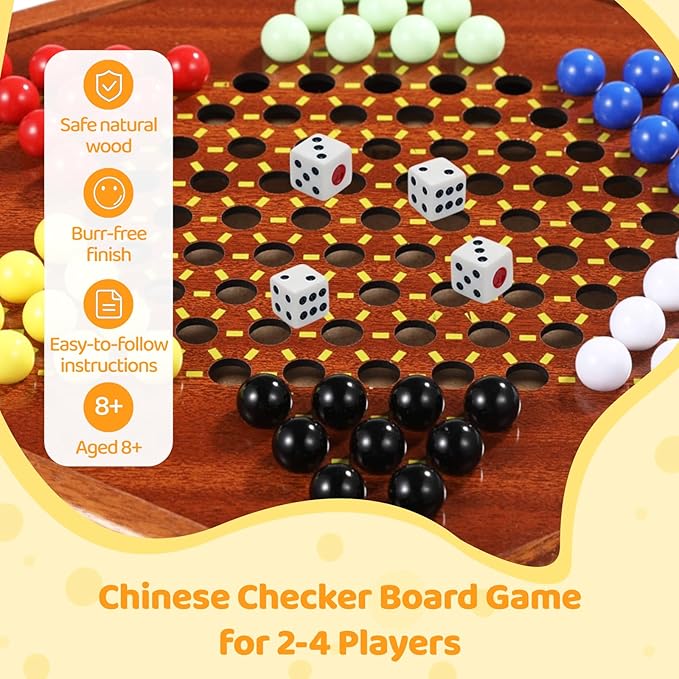Chinese Checkers Board Game, 100% Natural Quality Wood 12-Inch Chinese Checker Board Game with 72 Marbles & Storage Drawer, Strategic Board Game Kit Birthday Gift