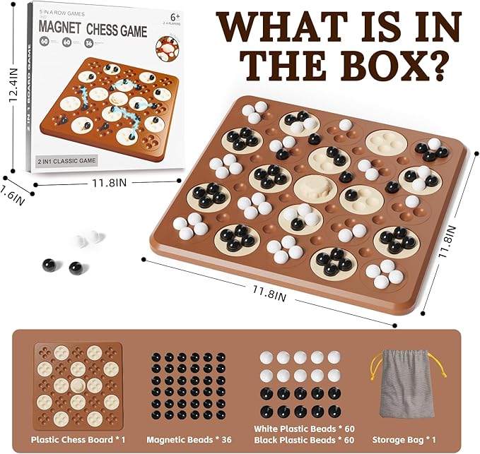 Magnet Game, Magnetic Game Chess, Board Games for Kids 6-8-12, 2 in 1 Multiplayer Family Board Games, Magnet Chess Games with 36 Magnetic Pieces, Connect 5 Piece with 120 Plastic Pieces (Brown)