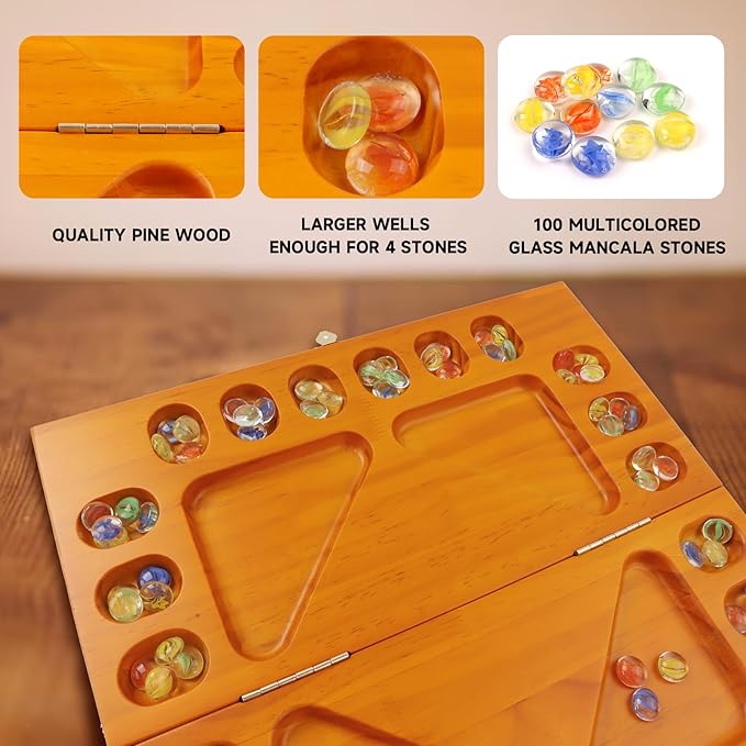 GSE Games & Sports Expert 4-Player Mancala Board Game with Multi-Color Glass Stones, Folding Wooden 4-Way Mancala Family Travel Strategy Games Set for Kids & Adults (Oak)