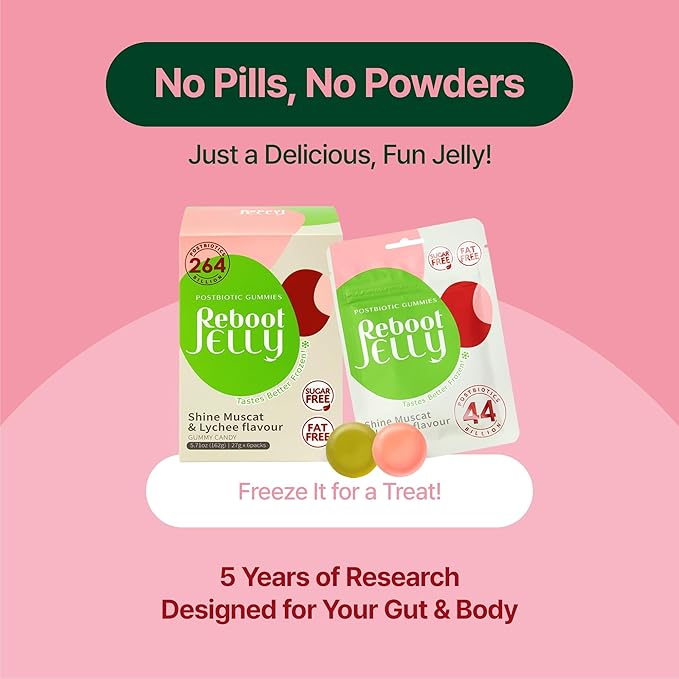 Reboot Probiotic Jelly | 44 Billion CFU Gummies | Vegan, Sugar-Free, Shelf-Stable | Chewable Lychee & Muscat Grape Flavor | 48 Pouches for Gut Health