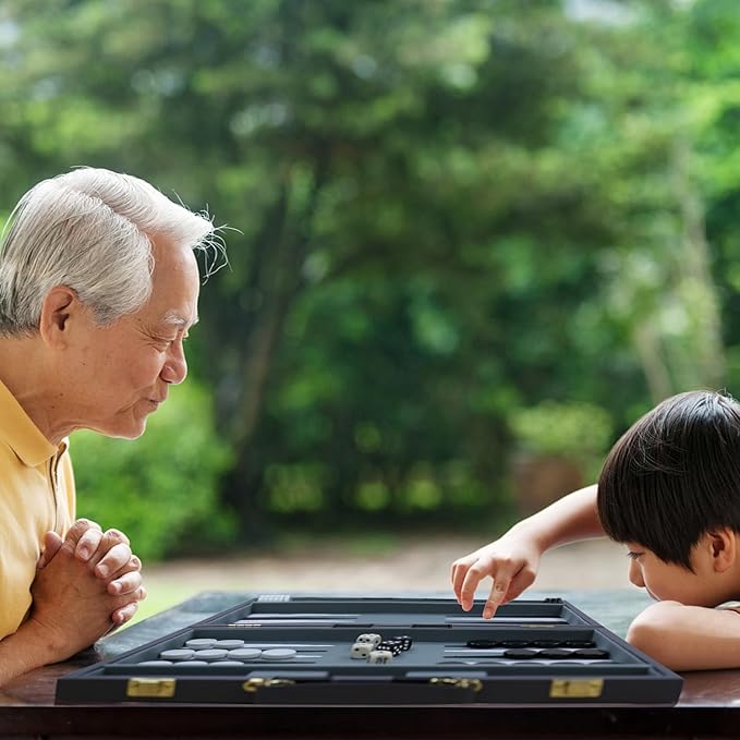 Backgammon Set - Classic Board Game with Premium Leather Case - Portable Travel Strategy Backgammon Game Set for Adults, Kids - Suitable as (15inch, Gray)
