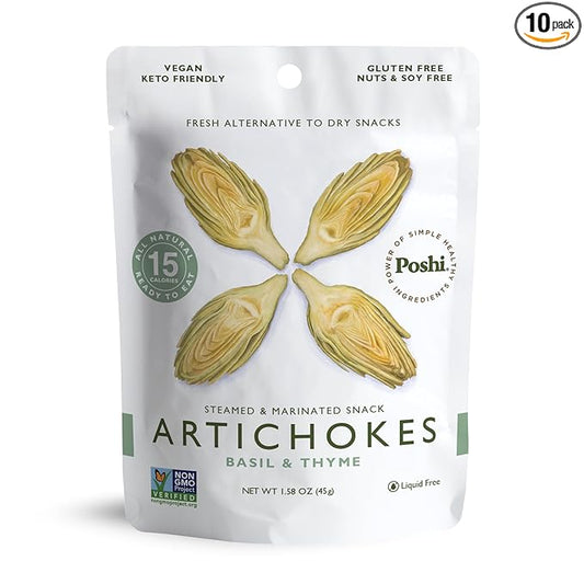 POSHI Marinated Artichoke Hearts with Basil and Thyme – On-the-Go Snack or Salad Toppers – All natural, Non-GMO Vegan, Keto, Low Carb, Gluten Free (10 Pack, 1.58 oz)