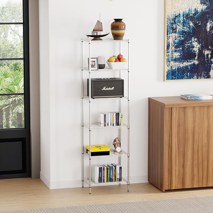 6 Tiers Wire Shelving 12" Dx17 Wx64 H Metal Frame Storage Shelves Easy Setup NSF Certified Storage Shelf Rack Shelf with Leveling Feet for Home Garage Kitchen Pantry, Chrome