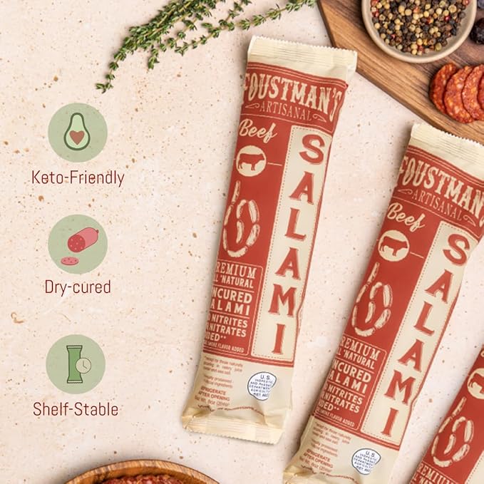 Foustman's Salami Beef Salami, Artisanal Beef Salami, Authentic Flavor for Versatile Snacking and Keto Diets, Gluten-Free, Dairy-Free, Nitrate-Free, Pack of 3, 8 Oz Sticks Each
