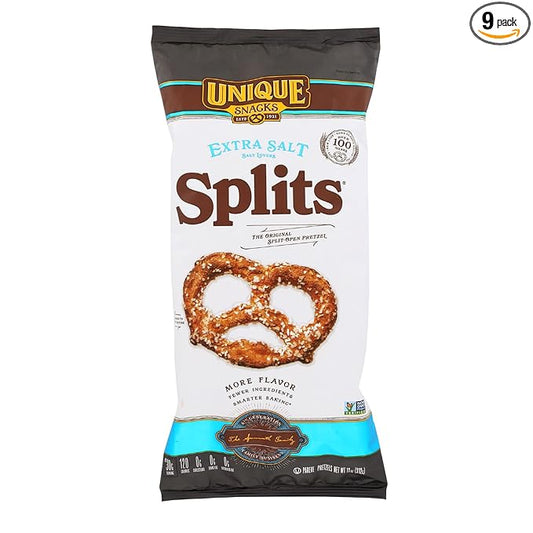 Unique Snacks Extra Salt Splits Pretzels, Original Split-Open Pretzels, Delicious Homestyle Baked Snack Bag, OU Kosher, and Non-GMO Food, No Artificial Flavor, 11 Oz. Bag, Pack of 9