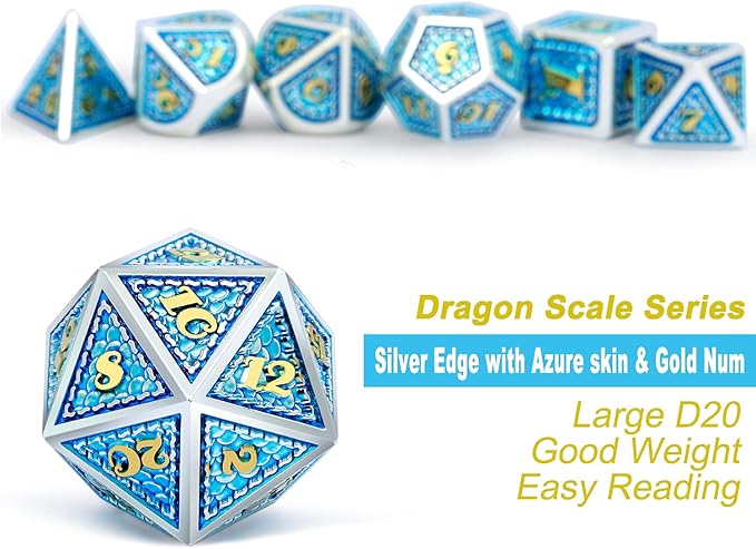DNDND Dragon Skin Metal Dice Set, 7 PCS Metallic D&D Die with Metal Tin for DND Game (Azure with Silver Edge)