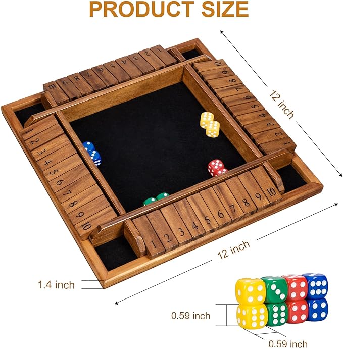 Shut The Box Dice Game with 16 Dice,1-4 Players Wooden Board Table Math Game for Kids Adults, Classic Dice Board Game for Classroom,Home,Party or Pub（12 inches）