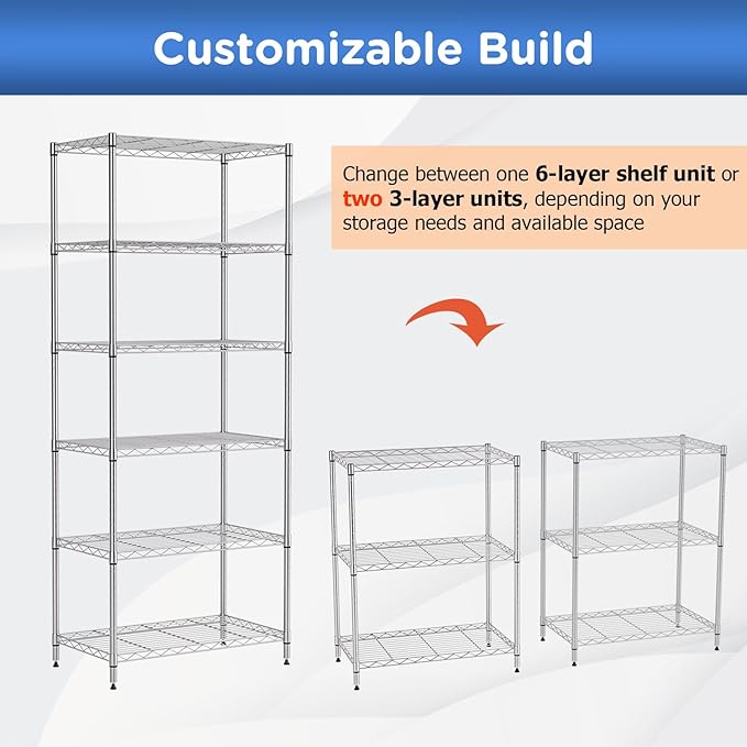 FDW 6-Shelf Adjustable,Storage Shelves Wire Shelving Shelving Unit Metal Shelves Storage Shelf,13" D x 23" W x 59" H,Chrome