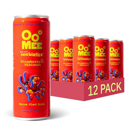 OoMee Prebiotic Drink | Strawberry & Hibiscus | Plant-Based Vegan Beverage with Marine-Sourced Agar Prebiotics (Seabiotics) for Digestive & Gut Health Functional Drink – 12oz Cans, 12-Pack