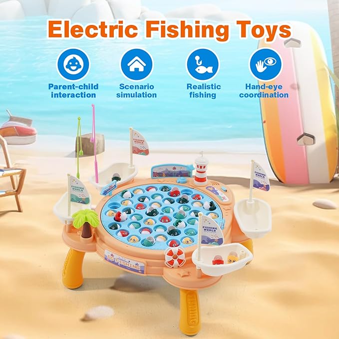 Ark miido Fishing Game Toy Set - 45 Fish, 4 Poles, Rotating Board with Legs On-Off Music Switch Family Board Game Multiplayer Game Toy for Kids Boys and Girls Age 3+