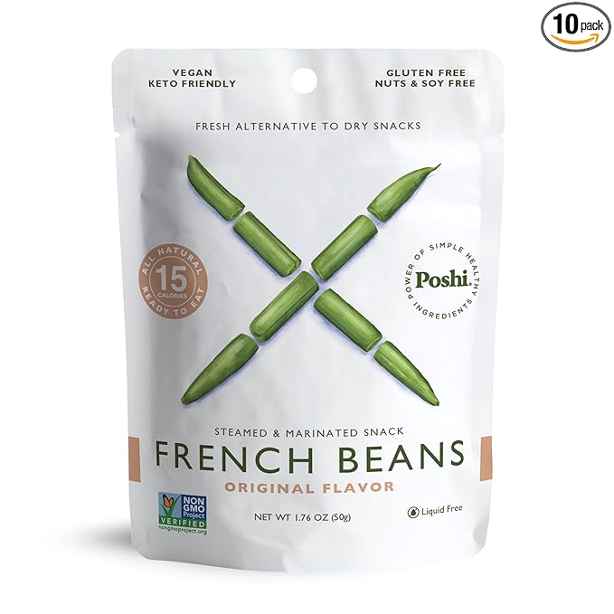 POSHI Marinated French Green Bean Snack Pack | Original Flavor | Keto, Vegan, Paleo, Non GMO, Low Carb + Calorie, Gluten Free, Fully Cooked Vegetables, Gourmet, Healthy, All Natural (10 Pack, 1.76 oz)