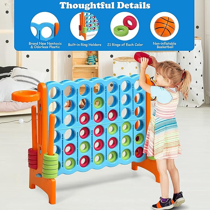 Giant 4 in a Row Connect Game, Jumbo 4 to Score Game Set w/ 42 Chess Rings, Basketball & Hoop, Toss Rings & Quick-Release Lever, Indoor & Outdoor Family Party Game for Kids & Adults