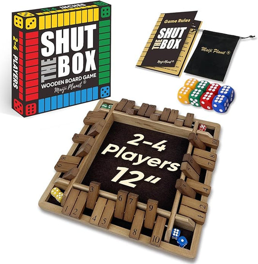 Large Shut The Box for 2 4 Players Math Family Game Night Quick Dice Game for Party Camp Bar Travel Class School Wooden Table Top Board Game for Adults Kids Couple Elder 12" Classic