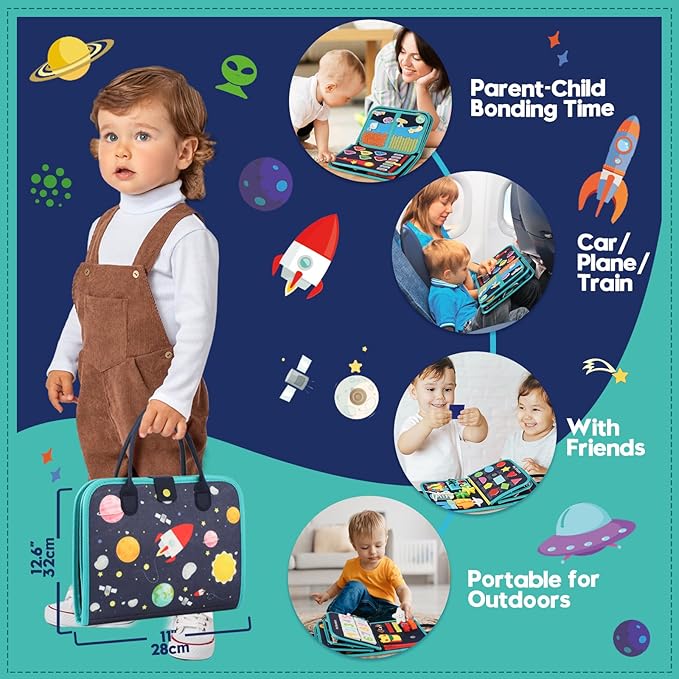 Toddler Sensory Busy Board: Travel Toy Activity Book for Girls Boys, Motor Skill Development Gift for Baby Aged 3-4 Years, Fine Educational Preschool Montessori Learning Toy for Car Airplane Space