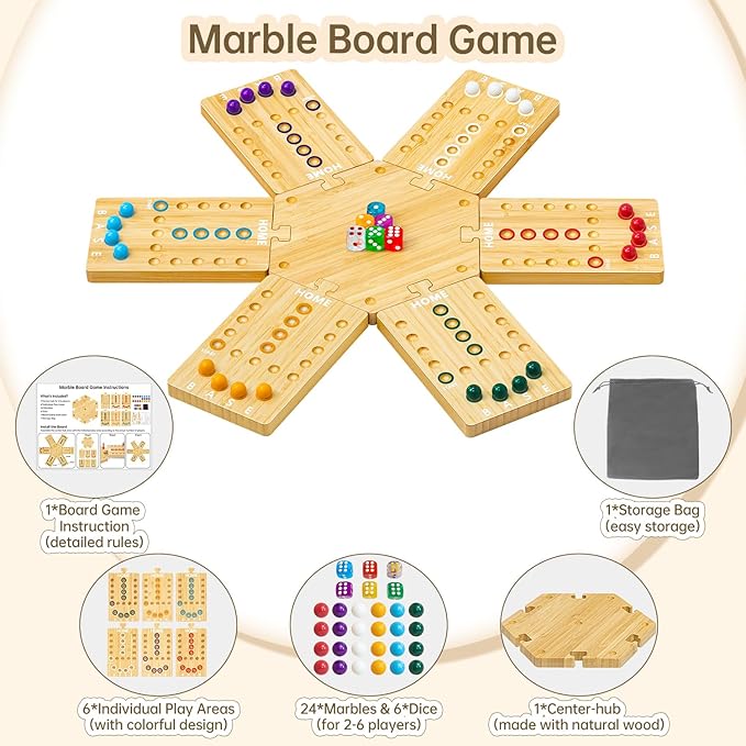Wooden Marble Board Game for 2-6 Players, Portable Fast Track Board Game with 24 Marbles and 6 Dice for Family Friends, Party Game Night