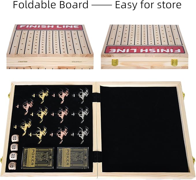 Horse Race Board Game Foldable Horse Racing Board Game with 11 Metal Horses with 4 Solid Wood Dice and 2 Boxes of Cards