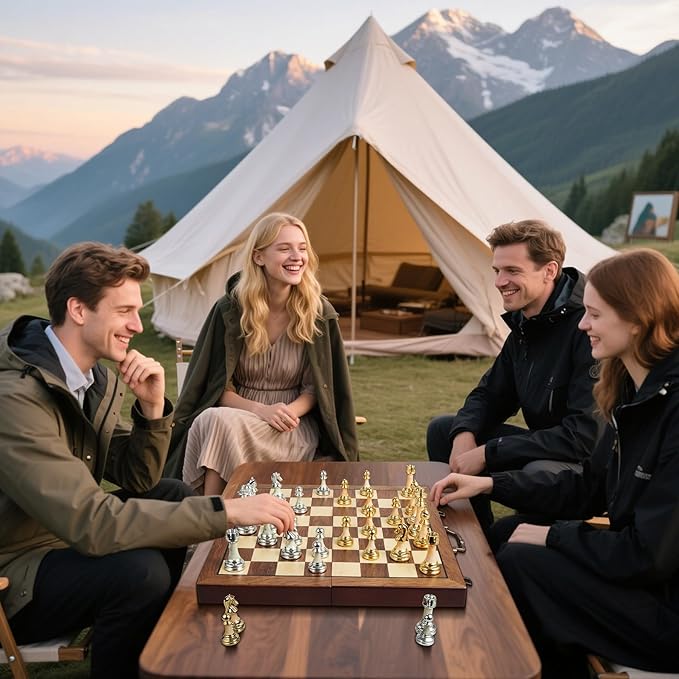 16.5" Large Wooden Chess Set with Weighted Acrylic Chess Pieces,Folding Chess Board Games with Handle 3.5" King Portable Classic Game for Adults and Kids