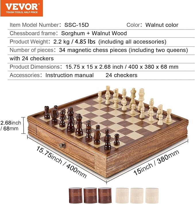 VEVOR Solid Wood Chess Set, 15 inch 2-in-1 Chess Checkers Game Set, Chess Board Games with Storage Drawer & Weighted Chess Checkers Pieces & 2 Queens, Christmas Crafts Xmas Gift