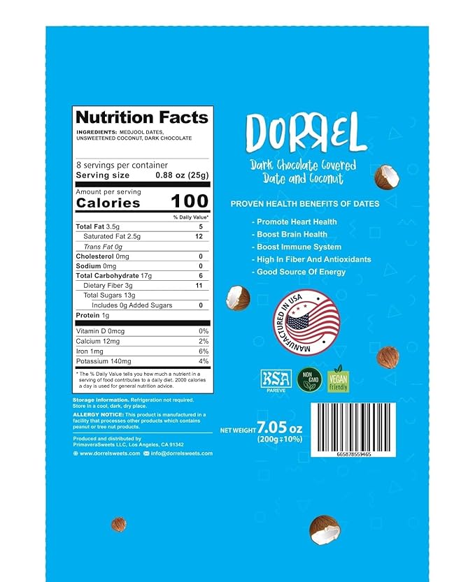 DORREL - Belgian Dark Chocolate Covered Dates (Medjool) with Coconut Stuffing, High Energy Vegan Choco Snack, Delicious, Kosher & Non-GMO, Pack of 1 Stuffed Chocolate Dates, 7.05 oz / 200 g Ea