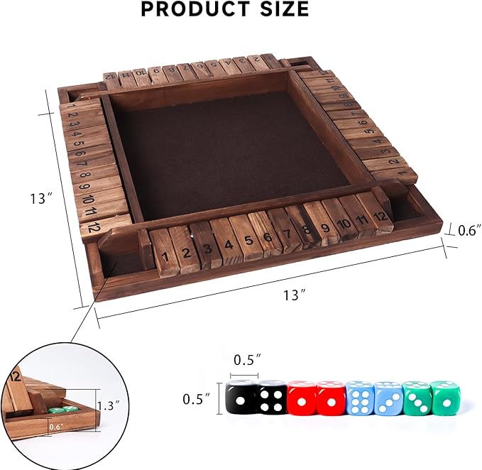 GSE Games & Sports Expert 1-4 Player Wooden Shut The Box Board Game with 8 Dice. 4-Way 12 Numbers Shut The Box Dice Set of Popular English Pub Board Game - Walnut