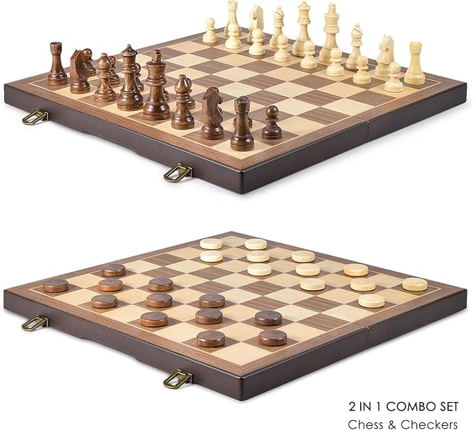 AMEROUS Magnetic Wooden Chess and Checkers Game Set, 15 Inches (2 in 1) Chess Board Games, 2 Extra Queens - Gift Package - Game Pieces Storage Slots, Beginner Chess Set for Kids, Adults