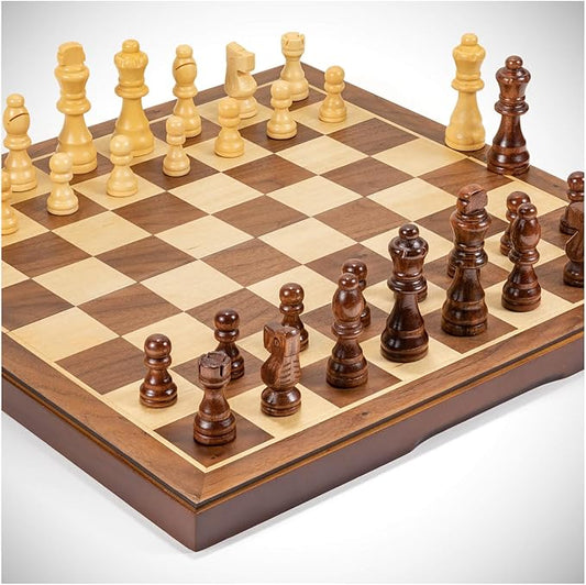 Chess Set Board Games for Adults: Handmade Walnut Wooden 15" 2 Extra Queens Folding Portable Travel Gift idea Pieces Storage Bags Instructions