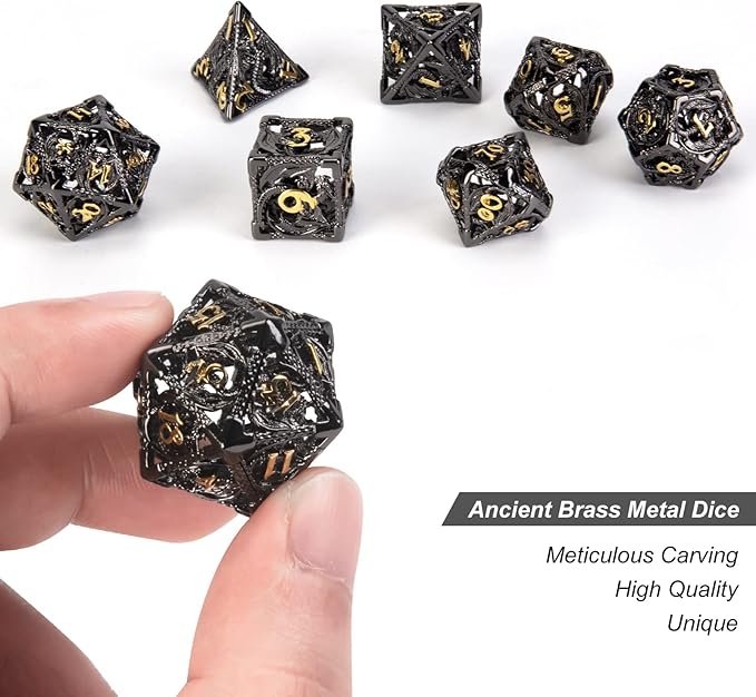 DND Dice,Hollow D&D Metal Dice,Dungeons and Dragons Dice Set with Gift Box,7 PCs Steampunk Polyhedral Dice Games Set for RPG,MTG,Pathfinder, (Dragon Black Golden)