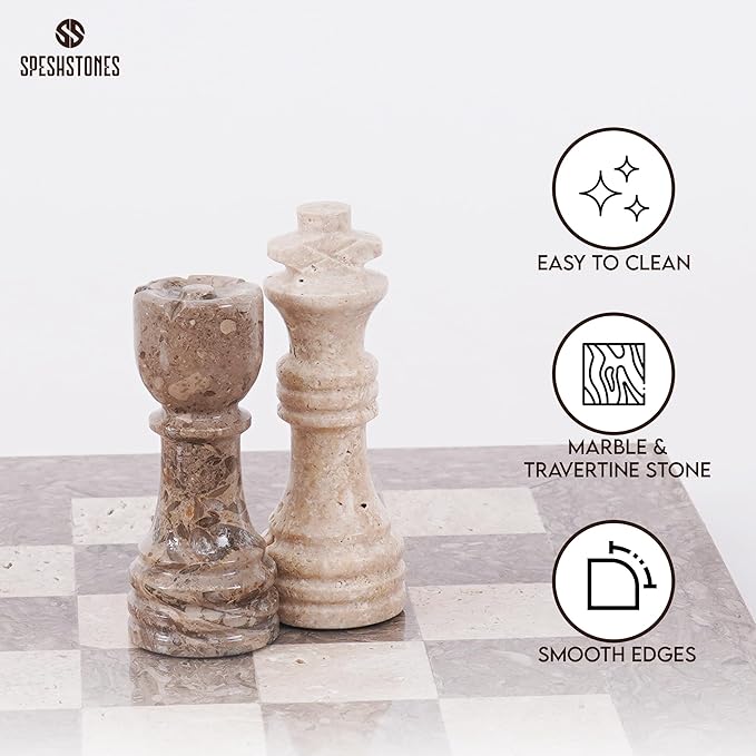 Marble Chess Set 12 Inch Handmade Oceanic & Travertine Board Game with Storage Box, Classic Travel Chess Set for Adults with Pieces & 2 Extra Queens, Elegant Gift & Home Décor