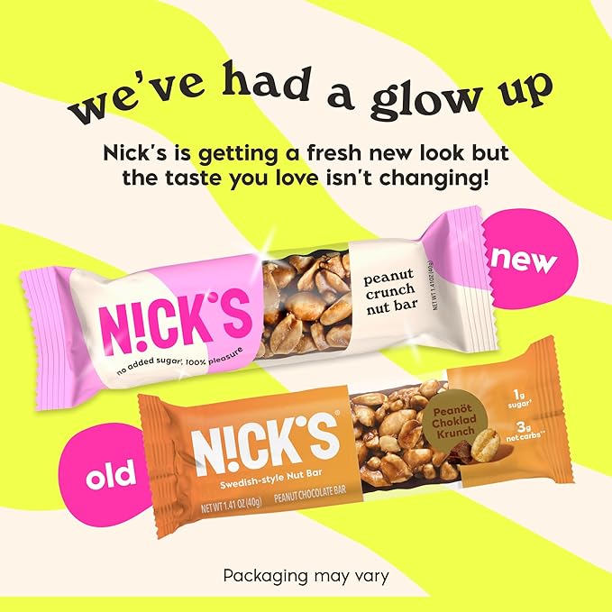 NICK'S Peanut Chocolate Snack Bar, Keto Nut Snack for Sports, Hiking & Outdoor Activities, 1G sugar, 3G net carbs, healthy snack bar (pack of 12)