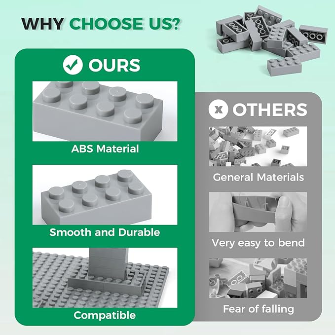 500 Piece Classic Building Bricks and 1 Gray Baseplate, 2x4 Bricks Bulk Creative Building Toys, Blocks Bulk for Kids Ages 6+, Light Gray