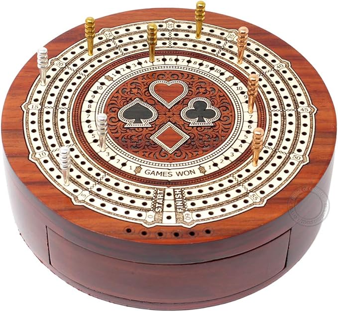 Round Shape 3 Track Non-Continuous Cribbage Board - Push Drawer Storage for Pegs and 1 Deck of Cards with Score Marking Fields for Won Games (Bloodwood/Maple Wood)
