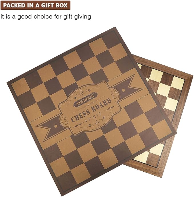 AMEROUS 17 Inches Wooden Chess Board Only, Professional Tournament Chess Board Large with Gift Package - Chess Rules, Beginner Chess Board Game for Kids, Adults