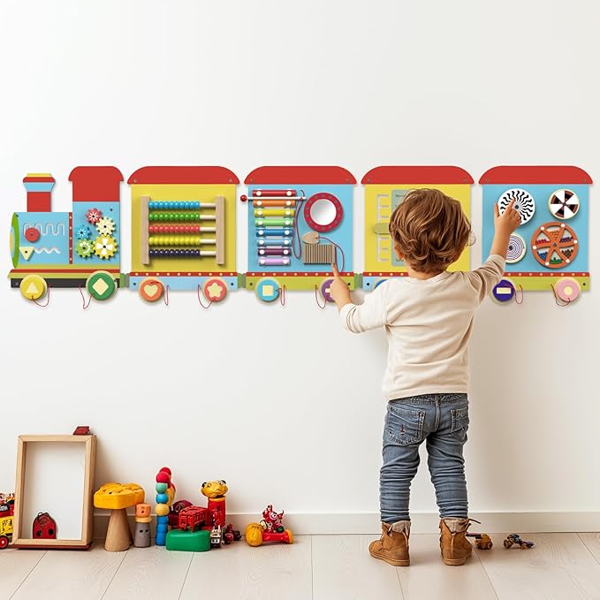 Train Activity Wall Busy Board Panels, Montessori Sensory Toys, Train Sensory Wall Panel for Kids, Wooden Learning Toys, Educational Toy for Toddler Playroom & Children's Daycare