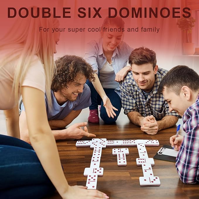 Dominoes Set for Adults, Double 6 Dominos Game Set with 28 Domino Tiles Double with Upscale Gift Boxes -7 Polyhedral Dice -Classic Board Games (Light Pink)