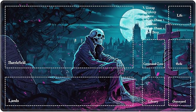 Playmat with Zones for MTG Card Game Playing, 24"x14" Commander Deck Gaming Desk Duel Mat for Beginner, Halloween Night Skeleton