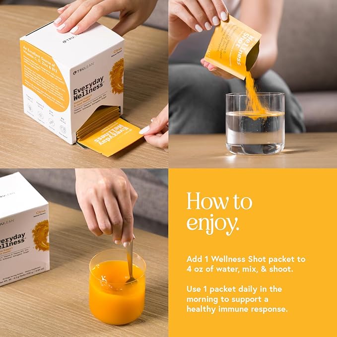 TRULEAN Everyday Wellness Shot Powder - Turmeric, Ginger, Vitamin C, Immunity & Immune Support Supplement - No Artificial Ingredients, No Sugar & Gluten Free - 30 Packets Citrus Flavor